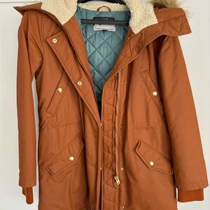 J.Crew Brown Parka Coat with Faux Fur Hood